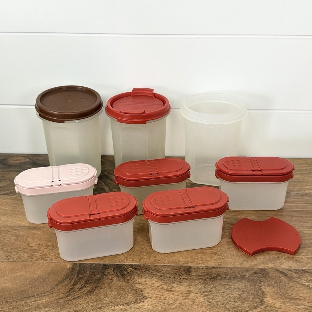VTG Tupperware Mixed Lot Modular Mates Spice Shaker Storage Red Brown Pink